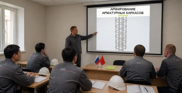 Обучение рабочим специальностям: преподаватель объясняет армирование арматурного каркаса российским и китайским рабочим в учебном классе